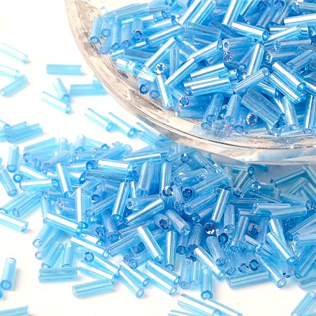NBEADS 12500pcs/450g Tube Transparent Colours Pearl Luster Plated Round Hole Glass Bugle Beads, DeepSkyBlue
