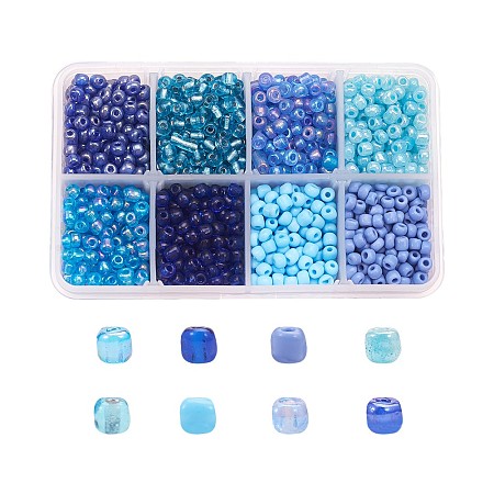 Honeyhandy 1 Box Mixed 6/0 Glass Seed Beads Round  Loose Spacer Beads, Blue, 4mm, Hole: 1mm, about 1900pcs/box