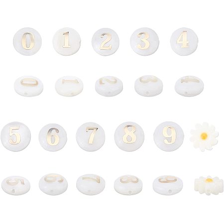 Arricraft 22 Pcs 10 Styles Freshwater Shell Beads, Flat Round Number Beads Pearl Shell Flower Beads with Gold Plated Number for Bracelets Jewelry Making Key Chains Hole 0.8mm