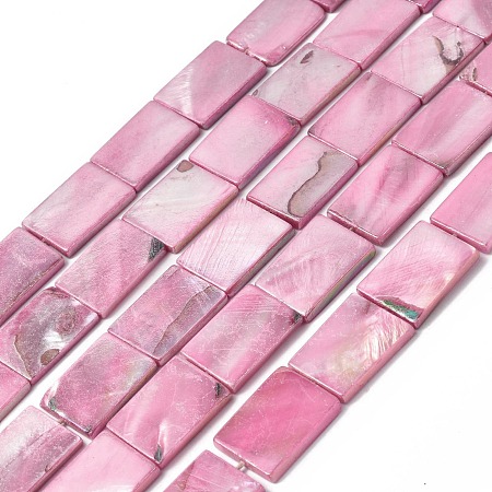 Natural Freshwater Shell Beads Strands, Dyed, AB Color Plated, Rectangle, Pink, 21.5x15.5x3mm, Hole: 1.2mm, about 20pcs/strand, 16.85 inch(42.8cm)