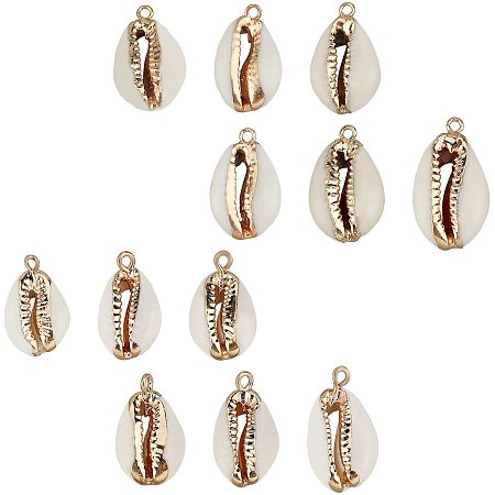CHGCRAFT 12 Pcs Electroplate Cowrie Shell Natural White Cowrie Sea Shells Pendant with Iron Findings Golden Charms for Jewelry Making DIY Crafts