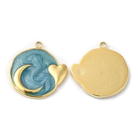 Honeyhandy Real 18K Gold Plated 304 Stainless Steel Pendants, with Enamel, Flat Round with Moon & Heart Charm, Cadet Blue, 17.5x17x2mm, Hole: 1.4mm