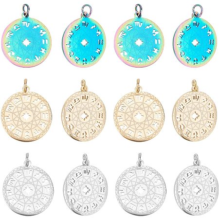 DICOSMETIC 12pcs 3 Colors 19.5mm 12 Constellation Charms 304 Stainless Steel Flat Round Charms with Zodiac Sign Horoscope Charms with Jump Ring for Necklace Bracelet Jewelry Making,Hole:3mm