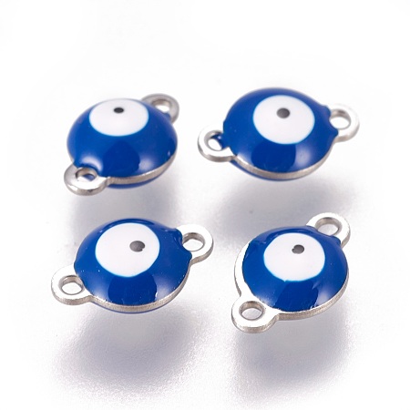 Honeyhandy 304 Stainless Steel Enamel Links connectors, Flat Round with Evil Eye, Stainless Steel Color, Marine Blue, 14.5x10x4.5mm, Hole: 1.4mm