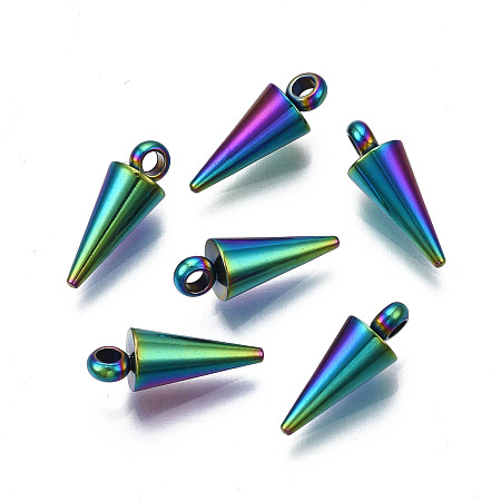 304 Stainless Steel Pendants, Spike/Cone Charm, Rainbow Color, 6.5x3mm, Hole: 1.8~2mm