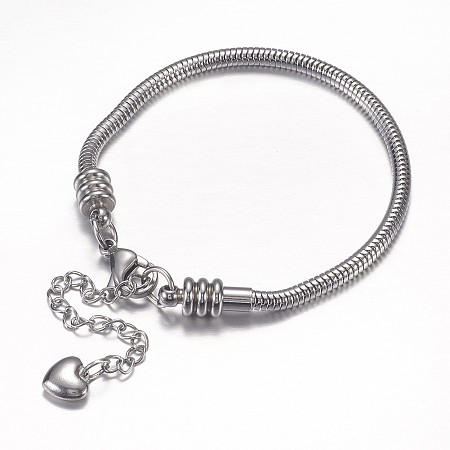 Honeyhandy 304 Stainless Steel European Round Snake Chains Bracelets, with Lobster Claw Clasp and Heart Charms, Stainless Steel Color, 190x3mm