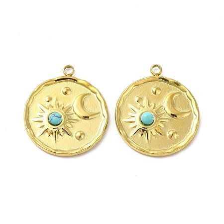 Honeyhandy Natural Turquoise Pendants, Flat Round Charms with Moon & Star, with Vacuum Plating Real 18K Gold Plated 201 Stainless Steel Findings, 23x20x3.5mm, Hole: 1.8mm