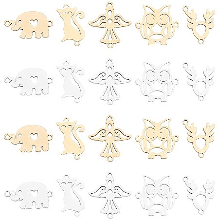 SUNNYCLUE 1 Box 20Pcs 5 Styles Animal Connector Charms Bulk Stainless Steel Cat Deer Eagel Hollow Connector Links with Double Loops for Jewelry Making Crafts Supplies, Golden Silver