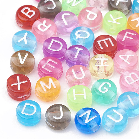 Arricraft Transparent Acrylic Beads, Mixed Letters, Flat Round, Mixed Color, 7x4mm, Hole: 1.5mm, about 3700pcs/500g