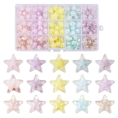 PandaHall Elite 120Pcs 15 Style Transparent Acrylic Beads, Frosted, AB Color, Bead in Bead, Star, Mixed Color, 15.5x16x9.5mm, Hole: 3mm, about 8pcs/color