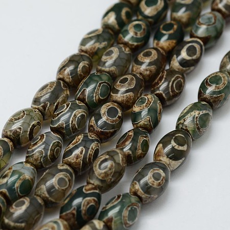 Honeyhandy Tibetan Style 3-Eye dZi Beads Strands, Natural Agate Beads, Dyed & Heated, Barrel, Dark Olive Green, 12x8mm, Hole: 2mm, about 30pcs/strand, 13.9 inch(355mm)