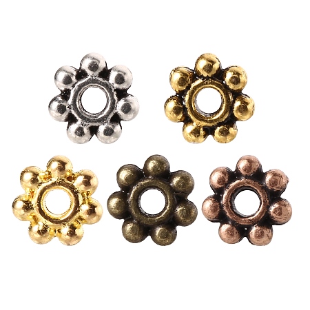 Honeyhandy 150Pcs 5 Colors Tibetan Style Alloy Daisy Spacer Beads, Flower, Mixed Color, 4.5x1.5mm, Hole: 1mm, 30pcs/color