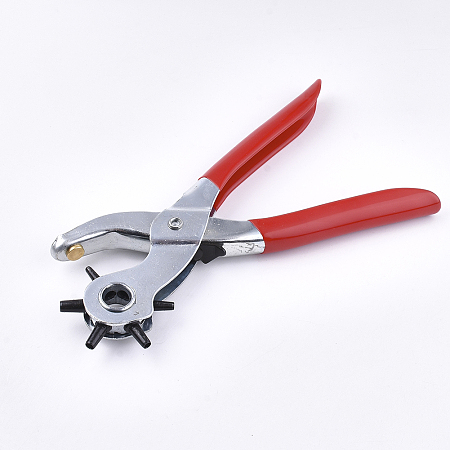 Iron Revolving Hole Punch Pliers, Can Pouch 3mm, 3.5mm, 4mm, 4.5mm, 5mm, 5.5mm Round Hole, for Watch Band and Leather Belt Holes Punch, Red, 210x70x23mm