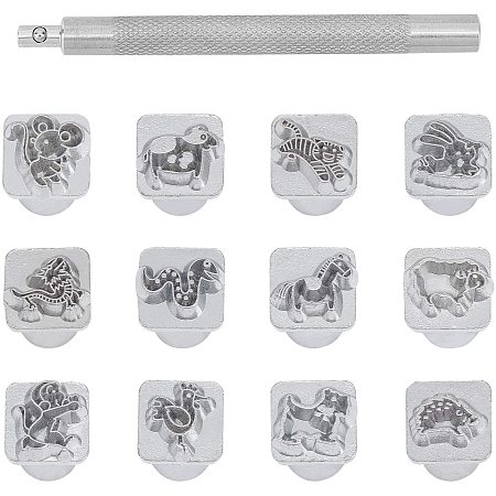 PandaHall Elite 12pcs 10mm Leathercraft Metal 12 Zodiac Pattern Stamps Punch Set Tool with 1pc Handle for Leather Craft Belt Bag Craft DIY Jewelry Marking, Zinc Alloy
