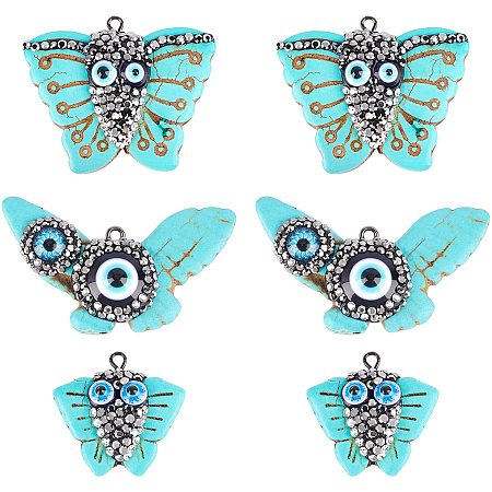 NBEADS 6 Pcs 3 Sizes Synthetic Turquoise Butterfly Charms, Butterfly Pendants with Evil Eye, Rhinestones Butterfly Beads Pendants for Jewelry Making