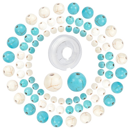 SUNNYCLUE Synthetic Turquoise & Magnesite Round Beads, with 1 Roll Strong Stretchy Beading Elastic Thread, for DIY Necklace Making, Bead: 4mm/6mm/8mm in daiemter, Hole: 1mm