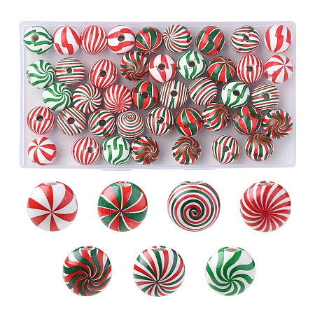 Honeyhandy 42Pcs 7 Colors Christmas Theme Printed Natural Wooden Beads, Round with Vortex Pattern, Mixed Color, 16x14.5mm, Hole: 3.5mm, 6pcs/color