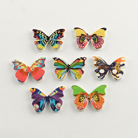 Honeyhandy 2-Hole Printed Wooden Buttons, Butterfly, Mixed Color, 21x28x3mm, Hole: 1.5mm