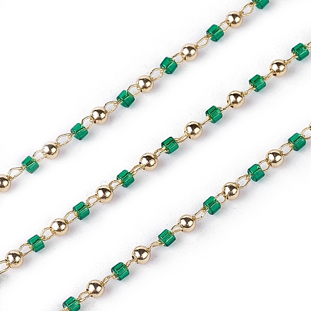 Arricraft Handmade Glass Beaded Chains, Soldered, with Brass Findings, Long-Lasting Plated, Green, Golden, 2mm