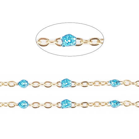 ARRICRAFT 304 Stainless Steel Handmade Beaded Chain, Cable Chains, with Enamel and Glitter Powder, Long-Lasting Plated, Unwelded, Flat Oval, Sky Blue, 1.5x1x0.2mm, Bead: 1.5mm