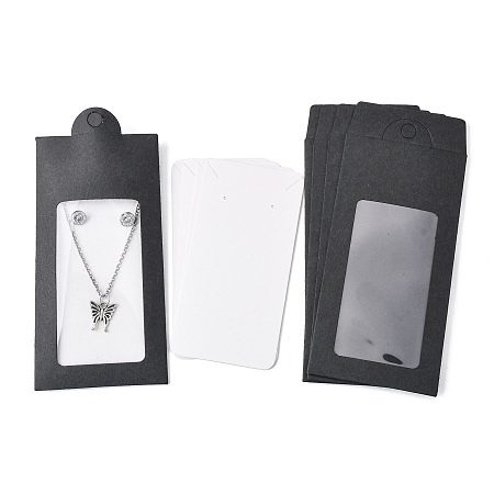 Honeyhandy Paper Boxes, with Necklace & Earring Jewelry Display Cards and Clear PVC Window, Packaging Boxes, Rectangle, Black, 15.4x6.7x0.1cm, Hole: 8mm, Window: 85x44mm