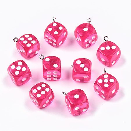 ARRICRAFT Transparent Epoxy Resin Pendants, with Platinum Plated Iron Loop, Dice, Hot Pink, 23x19x19mm, Hole: 2mm