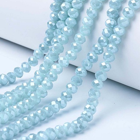 Arricraft Electroplate Glass Beads Strands, Pearl Luster Plated, Faceted, Rondelle, Light Cyan, 6x5mm, Hole: 1mm; about 92~94pcs/strand, 17~17.5 inches(42.5~43.75cm)