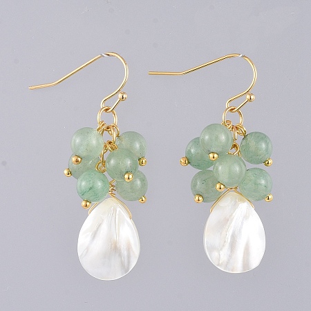 Honeyhandy Natural Green Aventurine Dangle Earrings, with Natural Spiral Shell Beads, Real 18K Gold Plated Brass Earring Hooks and Copper Wire, 43mm, Pin: 0.6mm
