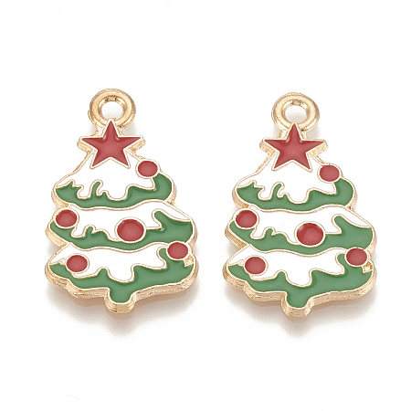 Arricraft Alloy Enamel Pendants, Christmas Trees, Light Gold, Creamy White, 30x17.5x1.5mm, Hole: 2mm