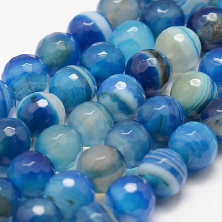 ARRICRAFT Faceted Natural Striped Agate/Banded Agate Beads Strands, Round, Dyed & Heated, Light Blue, 4mm, Hole: 0.8mm, about 86pcs/strand, 14 inch(35.6cm)