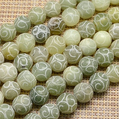Arricraft Natural Carved Henan Jade Beads Strands, Dyed, Round, Dark Sea Green, 12mm, Hole: 1mm, about 33pcs/strand, 15.7 inch