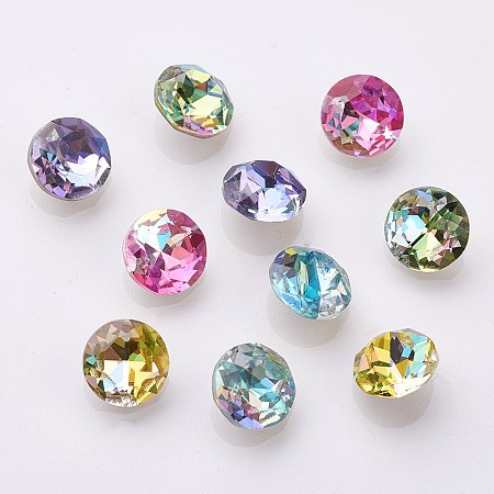 K9 Glass Rhinestone Cabochons, Imitation Austrian Crystal, Pointed Back & Back Plated, Faceted, Flat Round, Back Plated, Mixed Color, 8x4.5mm