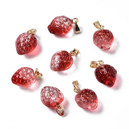 Honeyhandy Two Tone Transparent Spray Painted Glass Pendants, with Golden Plated Iron Bails and Gold Foil, Strawberry, Brown, 17~18x11~12x10mm, Hole: 6x2mm