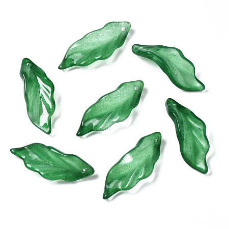 Transparent Spray Painted Glass Pendants, Leaf, Medium Sea Green, 33~34x12x7~9mm, Hole: 1.5mm