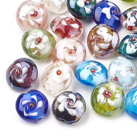 ARRICRAFT Handmade Lampwork Beads, Flat Round with Flower, Mixed Color, 14~15x14~14.5x11mm, Hole: 1~1.5mm