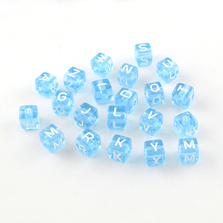 Honeyhandy Transparent Acrylic European Beads, Random Mixed Letters, Horizontal Hole, Large Hole Cube Beads, Light Sky Blue, 10x10x10mm, Hole: 4mm