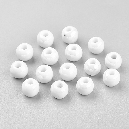 Honeyhandy Pearlized Round White Handmade Porcelain Ceramic Beads, 8mm, Hole: 2mm