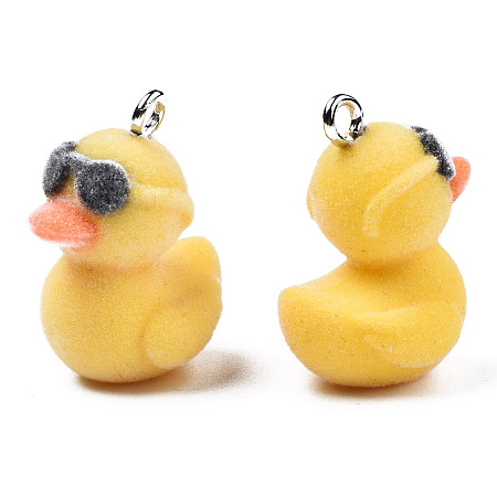 Honeyhandy Flocky Resin Pendants, with Platinum Plated Iron Loops, Duck with Glasses, Gold, 27x22x16.5mm, Hole: 2.5mm