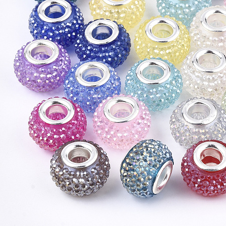 ARRICRAFT Resin Rhinestone European Beads, Large Hole Beads, with Platinum Tone Brass Double Cores, AB Color, Rondelle, Berry Beads, Mixed Color, 14x10mm, Hole: 5mm