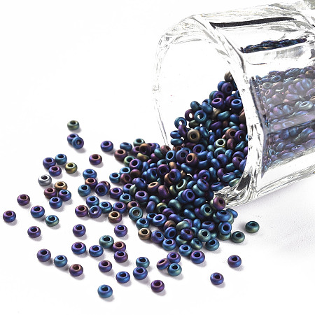 FGB 12/0 Round Glass Seed Beads, Metallic Colours Iris, Matte Style, Blue Plated, 12/0, 2x1.5mm, Hole: 0.8mm, about 3333pcs/50g