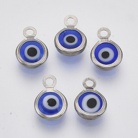 Honeyhandy Handmade Lampwork Charms, with 304 Stainless Steel Findings, Flat Round with Evil Eye, Blue, 9.5x6.5x2.5mm, Hole: 1.5mm