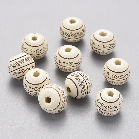 Honeyhandy Painted Natural Wood Beads, Laser Engraved Pattern, Round with Leave Pattern, Creamy White, 10x9mm, Hole: 2.5mm
