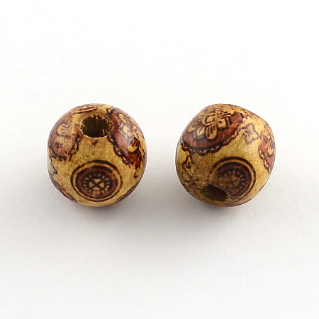 Honeyhandy Round Printed Natural Maple Wood Beads, Macrame Beads Large Hole, Sienna, 16x15mm, Hole: 5mm