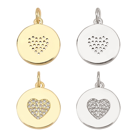 BENECREAT 4Pcs 18K Gold Plated Platinum Plated Flat Round Heart ZIrconia Pendants, Brass Pave Charms for Bracelet Necklace Jewelry Making, Valentine's Gift, 2 Colors