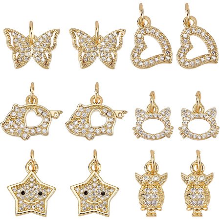 FINGERINSPIRE 12 Pcs 6 Styles Zirconia Pendant Charms Cubic Zirconia Charms with Clear Crystal Stone Gold Heart/Cat/Owl/Star/Pig/Butterfly Shape Brass Charms for DIY Jewelry Necklace Earring Making