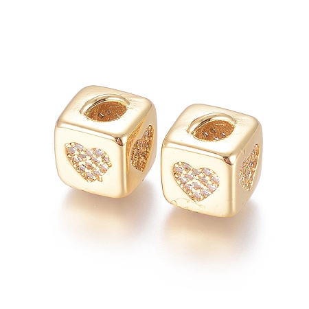 Honeyhandy Brass Micro Pave Cubic Zirconia Beads, Long-Lasting Plated, Cube with Heart Pattern, Golden, Clear, Golden, 10x8x8.5mm, Hole: 1.5x3.5mm and 4mm