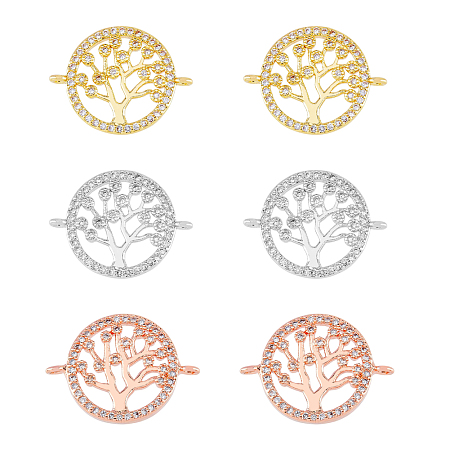 Arricraft 6Pcs 3Colors Brass Tree of Life Links Flat Round Connectors Rose Gold Platinum Golden Pendant Micro Pave Cubic Zirconia Links Accessories for Bracelet Keychain Earring Crafts Making Hole 1mm