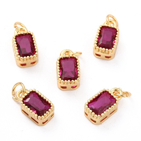 Honeyhandy Real 18K Gold Plated Brass Inlaid Cubic Zirconia Charms, with Jump Ring, Long-Lasting Plated, Rectangle, Hot Pink, 9.5x5x3.5mm, Jump Ring: 4x0.5mm, 2.5mm Inner Diameter