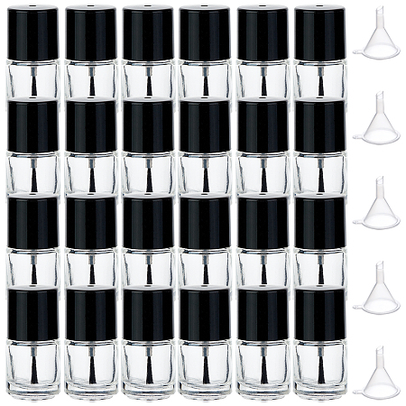 BENECREAT Transparent Glass Nail Polish Empty Bottle, with Brush and Plastic Funnel Hopper, Clear, Bottle: 50x27.5mm; Capacity: 5ml, 24pcs/box