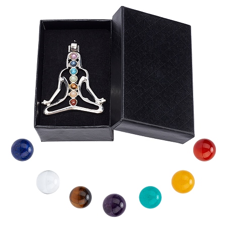 SUNNYCLUE Chakra Themed Jewelry Sets, include No Hole Natural & Synthetic Gemstone Round Beads, Human Alloy & Mixded Gemstone Pendant, Beads: 16mm, 7pcs/set; Pendants: 52x45x3mm, Hole: 4x6mm, 1pc/set